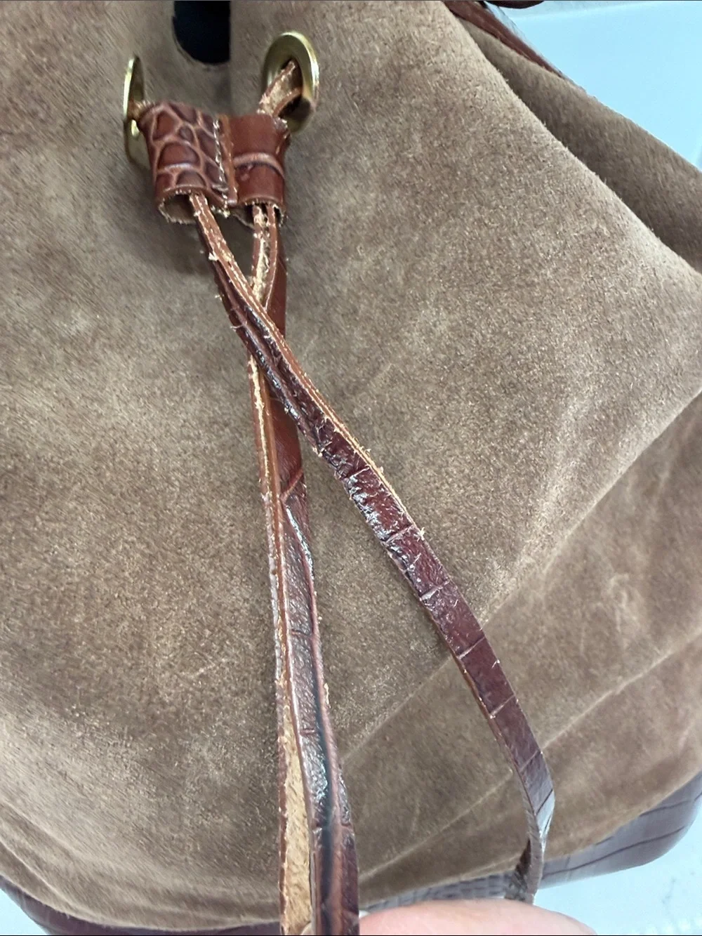 Isadora Brown Suede Drawstring Bucket Bag with Croc-Textured Trim Italy